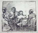 cafe scene - hand coloured Brian Dunlop etching