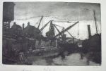 port scene - hand coloured Brian Dunlop etching